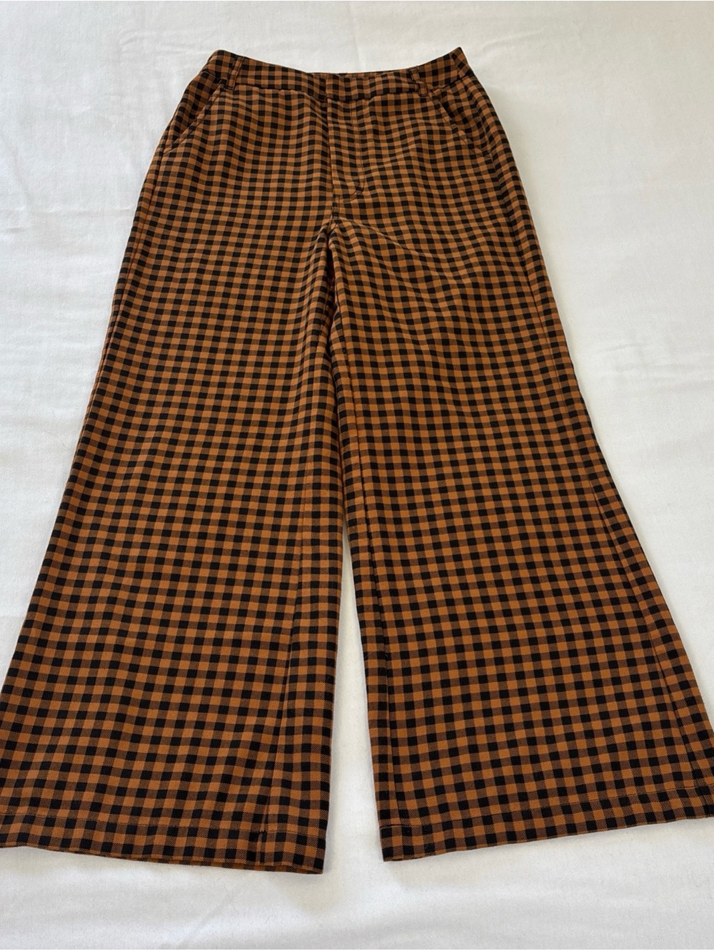 Free People Wide Leg Gingham Pants in Brown and Black
